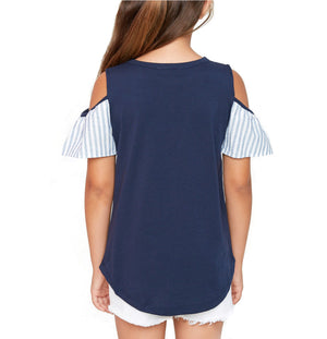 Off The Shoulder Top In Blue With Striped Sleeve