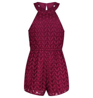 Fly Away Halter Neck Playsuit in Burgundy Lace