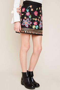 Embroided Suede Floral Skirt