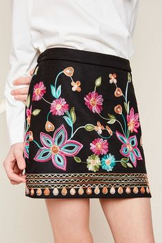 Embroided Suede Floral Skirt