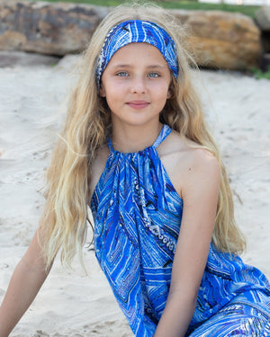 Summer Days Embellished Silk Kaftan Tie Up Dress In Blue Print