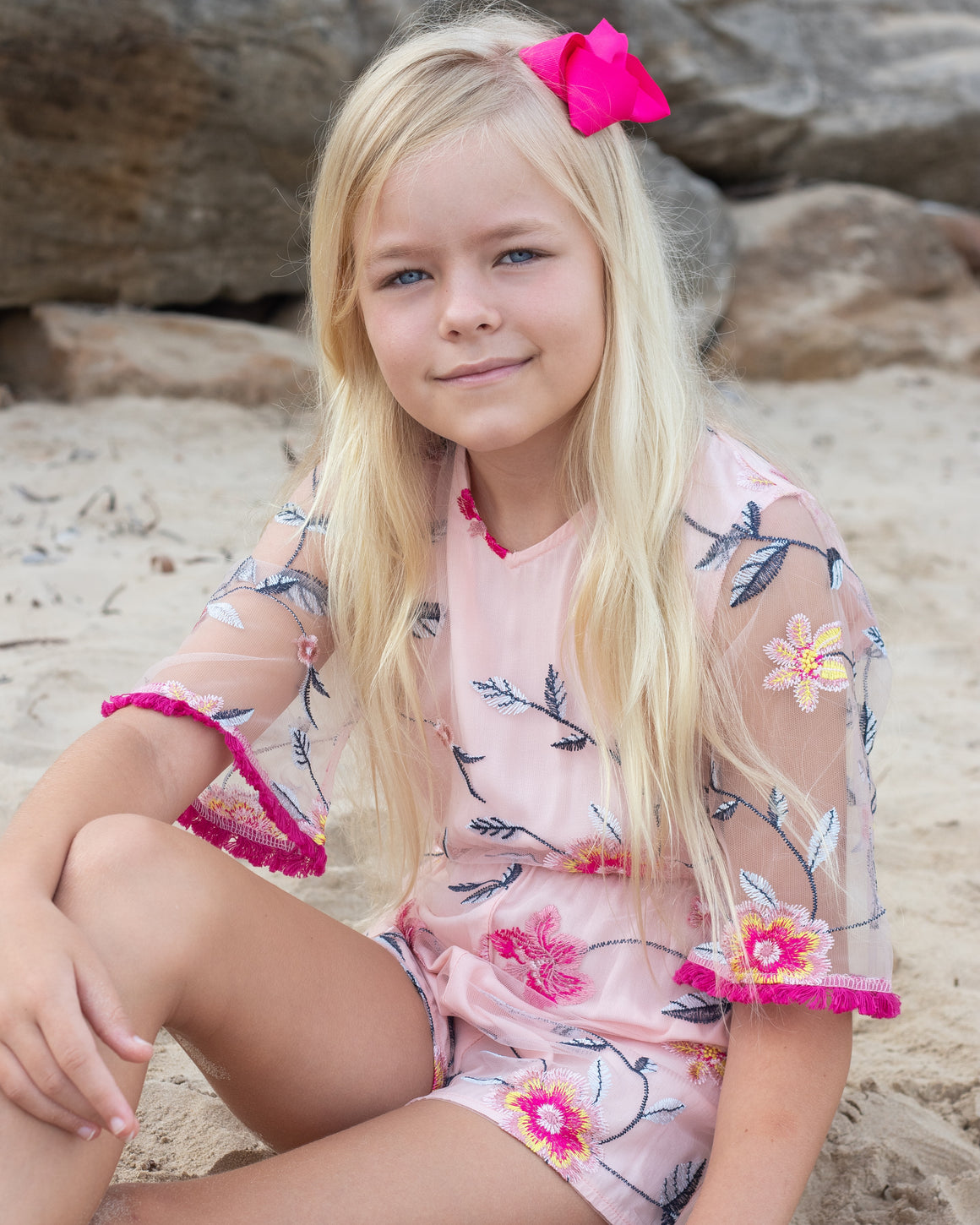 Girls Embroidered Lace Playsuit In Pink