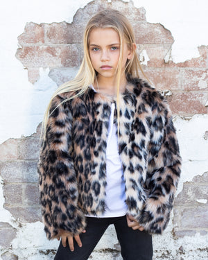 Girls Leopard Faux Fur Jacket