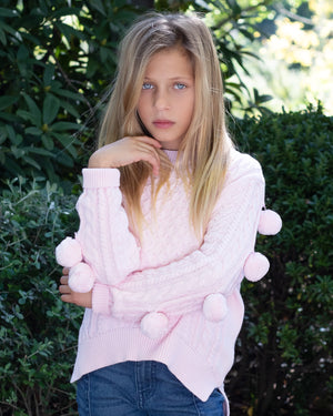 Cotton Pom-Pom Sleeve Jumper In Pink