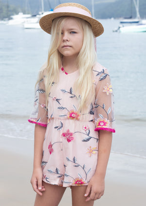 Girls Embroidered Lace Playsuit In Pink